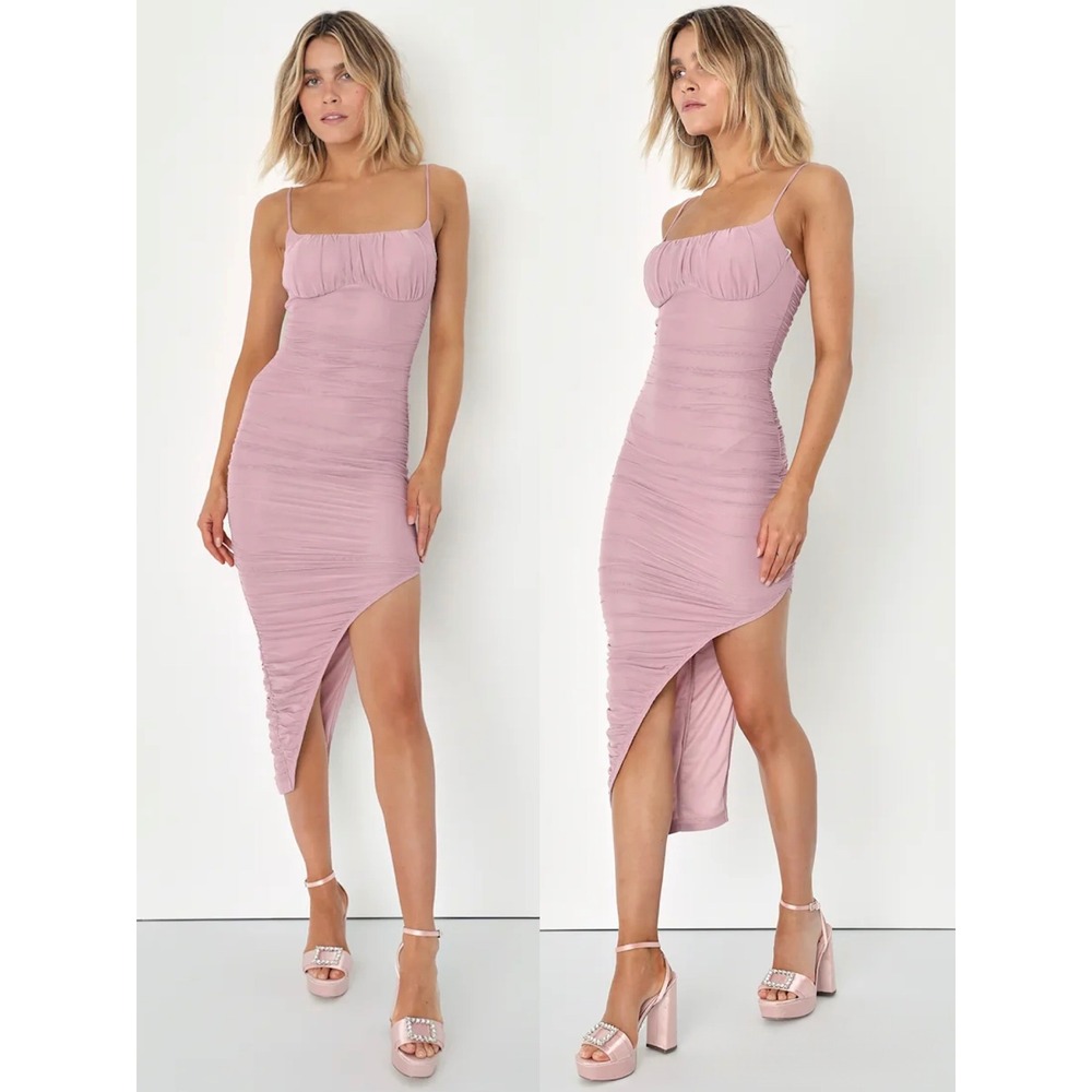Lulus Sultry Impulse Mauve Pink Asymmetrical Bodycon Midi Dress LG Guest Stretch